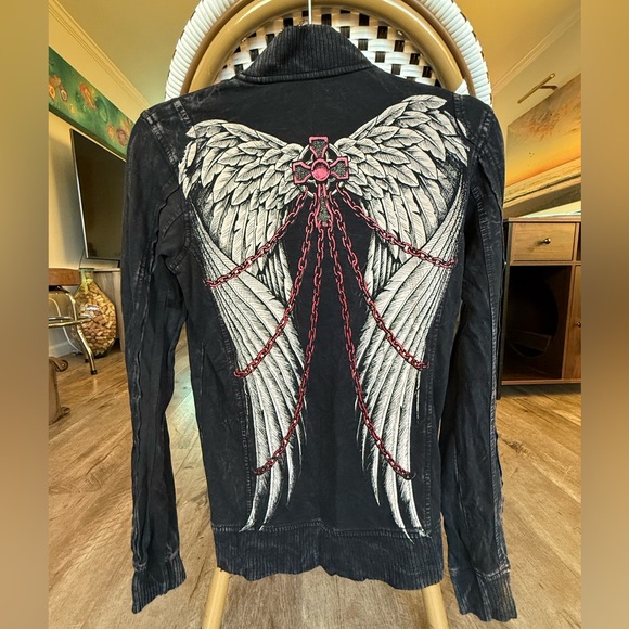 Vintage Y2K Affliction + Sinful Black Women's Graphic Zip Up Jacket Size Small - Picture 2 of 6